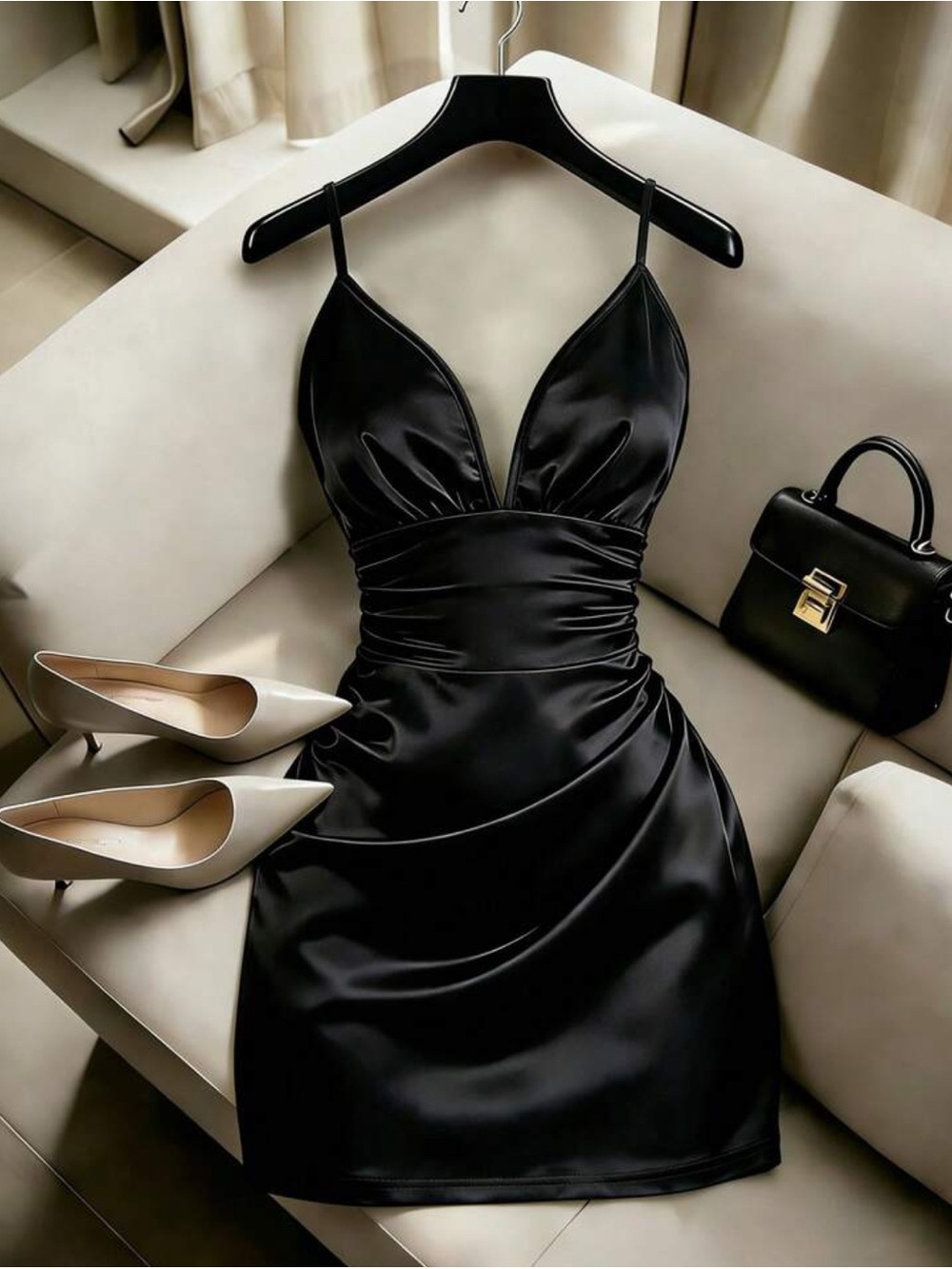 Black Satin Plunge Ruched Mini Dress